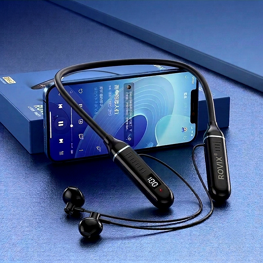Rovix RO-VIX09 Wireless Magnetic Neckband with LED Power Display – Long Battery Life & HiFi Sound