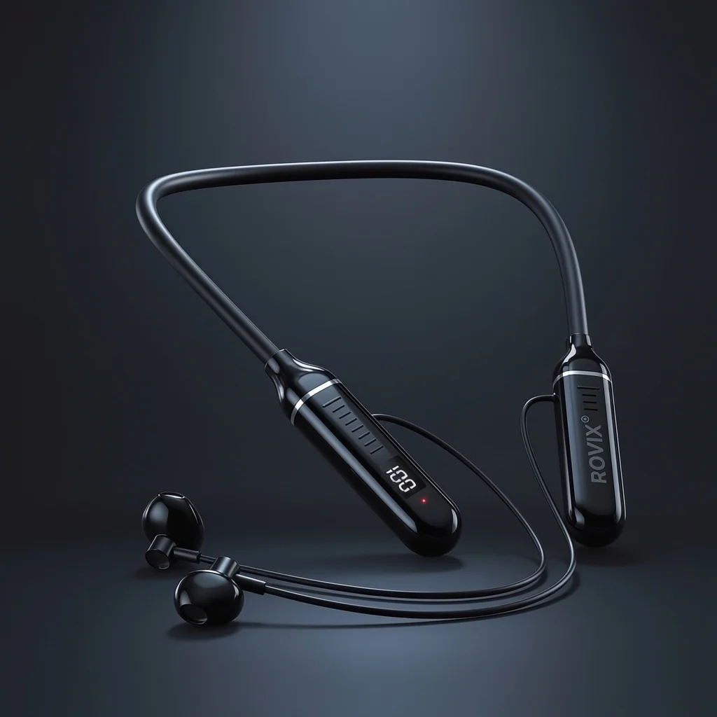 Rovix RO-VIX09 Wireless Magnetic Neckband with LED Power Display – Long Battery Life & HiFi Sound